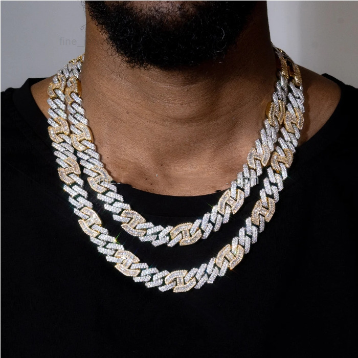 15MM Cuban Link Chain 925 Silver Two Tone Men Necklace Iced Out VVS Diamond Moissanite Cuban Chain