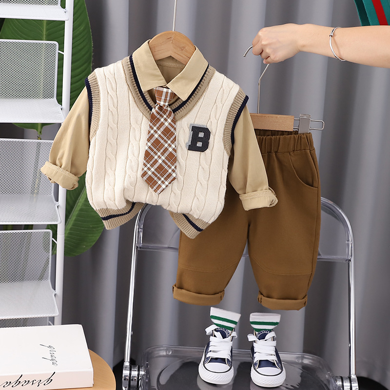 2025 New Autumn Toddler Boys' Preppy Style 3 Piece Set Sweater Vest Tie & Shirt Suitable for Spring & Autumn