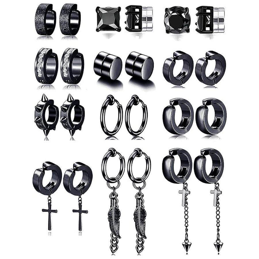 12 Pairs Magnetic Stud Earrings Stainless Steel CZ Hoop Punk Feather Dangle Hinged Non-Piercing Earrings Clip on Magnet Earring Set for Women Men Blac
