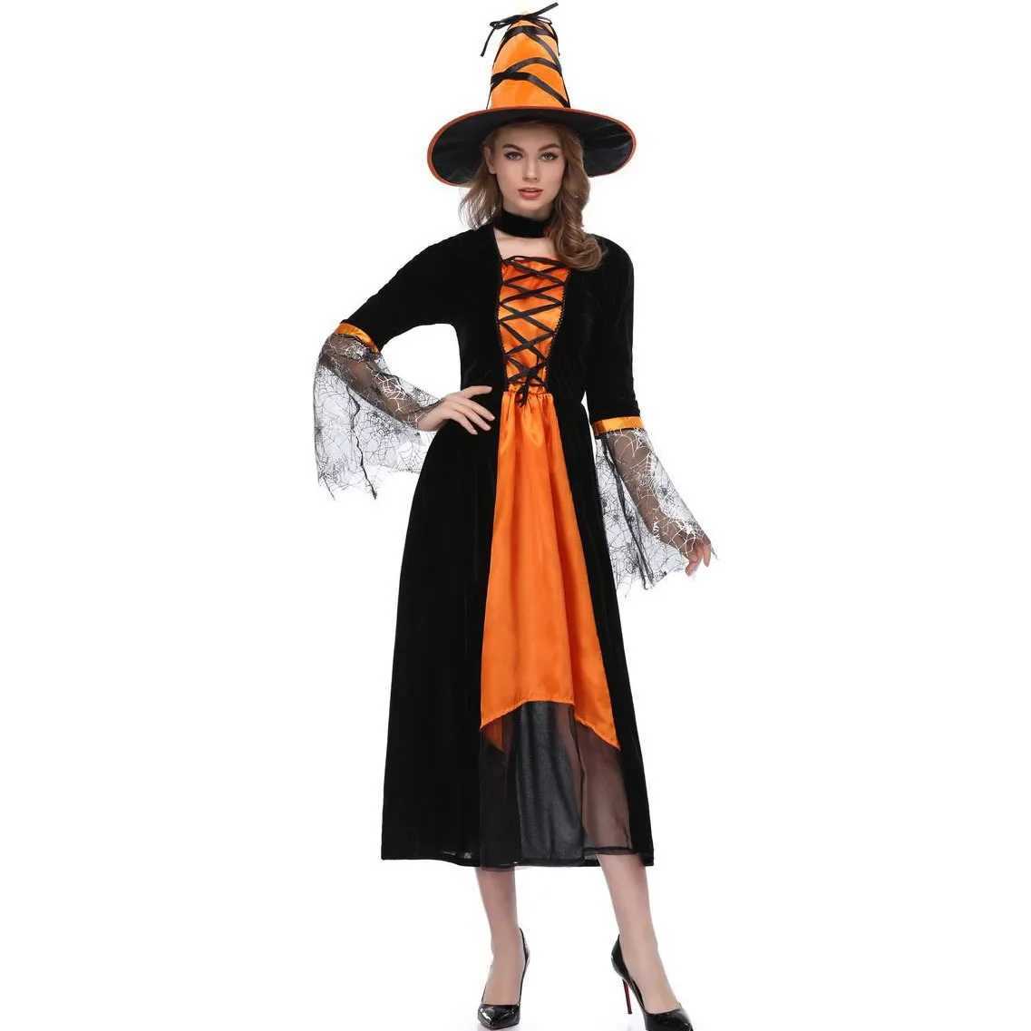 Orange Halloween Witch Costume Cosplay Cobweb Wizard Costume Demon Vampire Witch Dress L250918