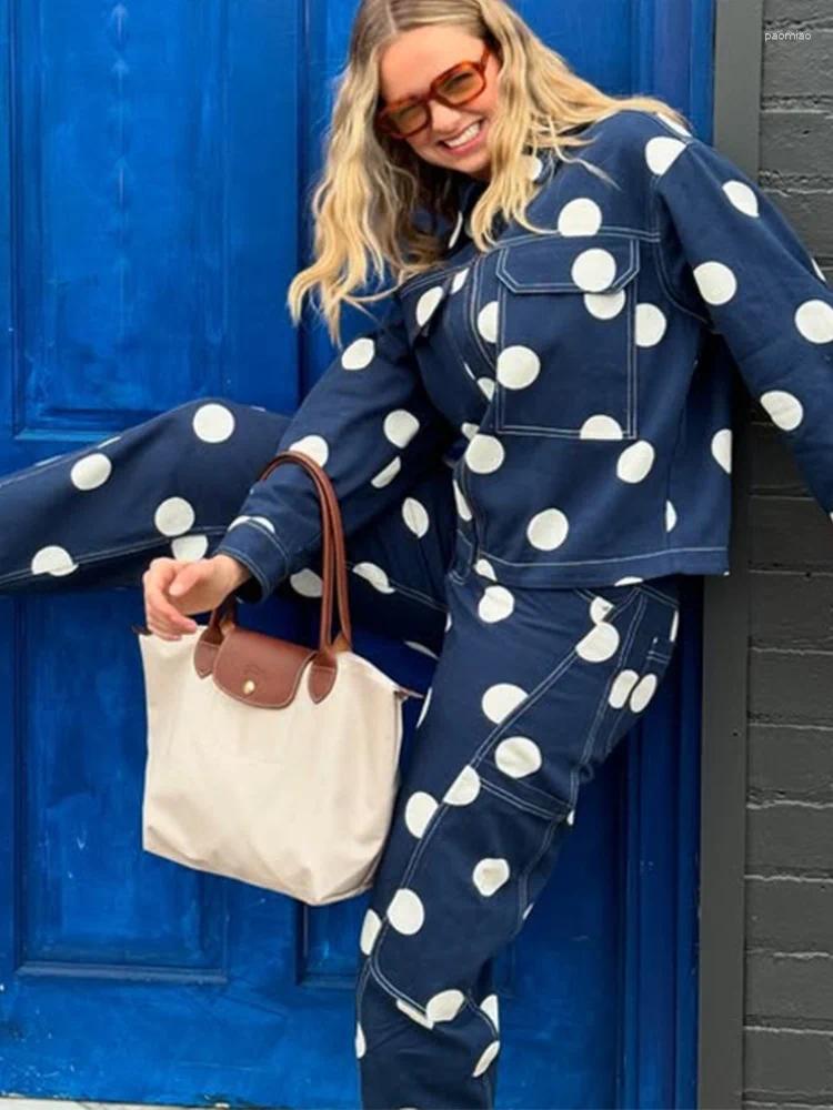 Women's Two Piece Pants Chic Polka Dot Denim Pant Set For Women Fashion Lapel Zipper Pocket Cropped Jacket Wide Leg Trousers Lady 2025