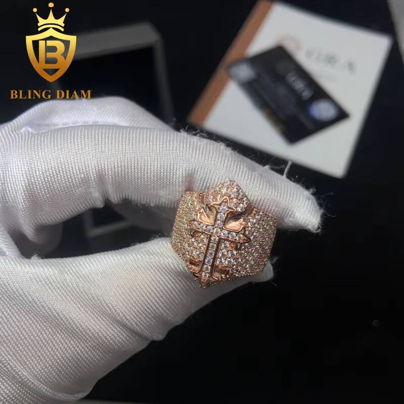 925 Sterling Silver Moissanite Ring Iced Out Moissanite HipHop Style Cross Jewelry Ring Pass Diamond Test in Stock with GRA