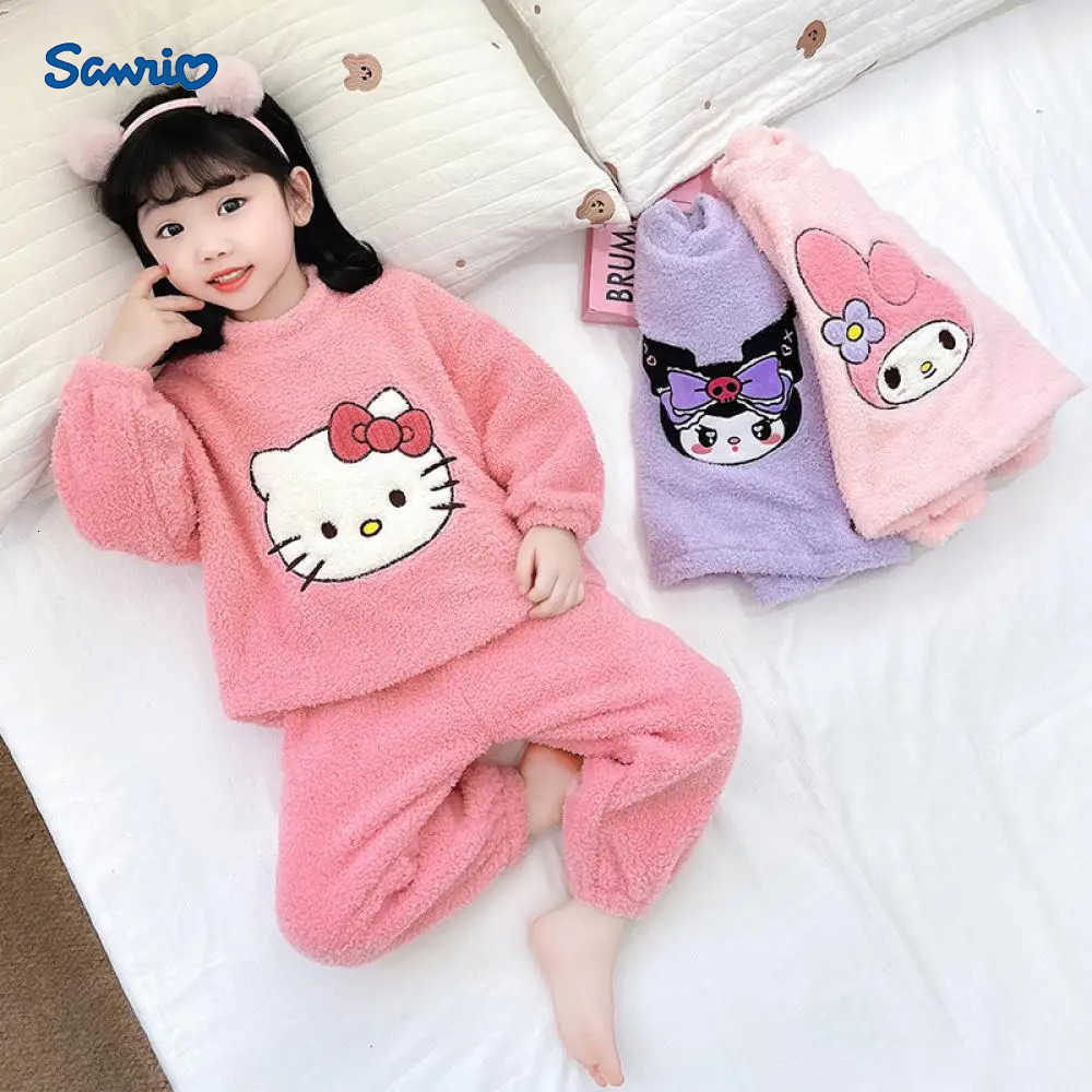 Sanrio 2Pcs Kawaii Kuromi Pajamas Kids Hello Kittys Plush Pajamas Anime Autumn Cartoon Girls Cute Flannel Top Pants Warm Home Wear Gift L250919