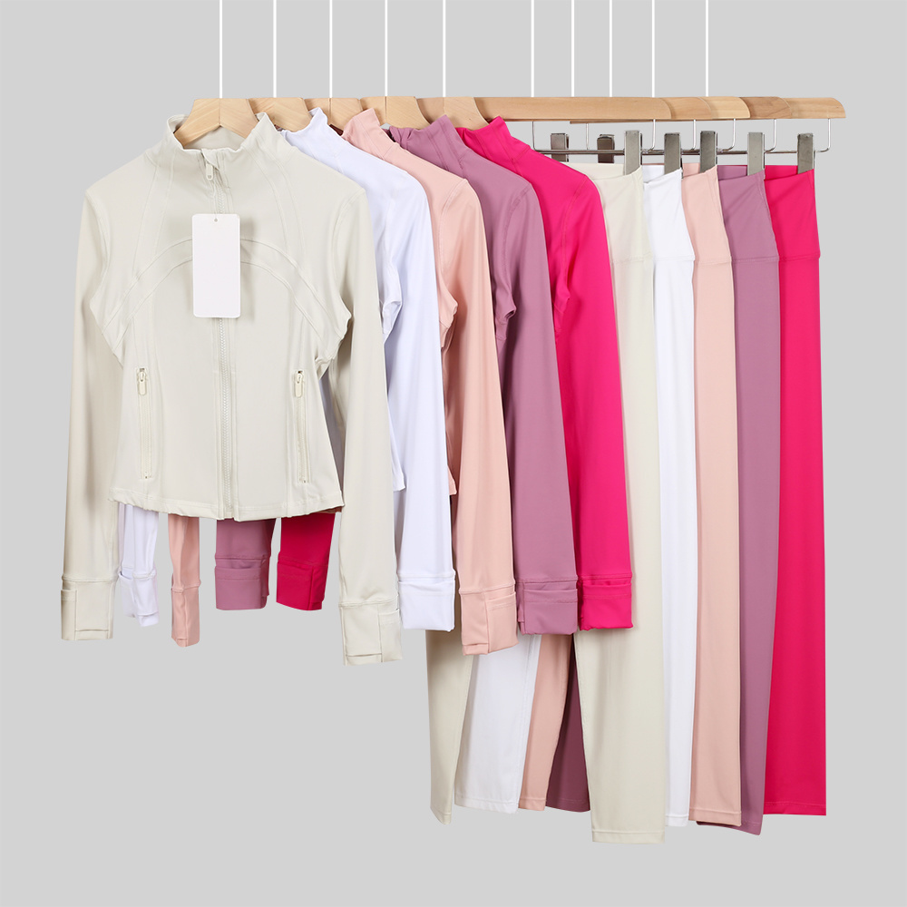 Yoga 2 Pieces Sports Jacket Crop Top With Gold Zipper Long Sleeve Coat High Waisted Gym Leggings Women Running Fiess Set Workout Clothes Sportswear