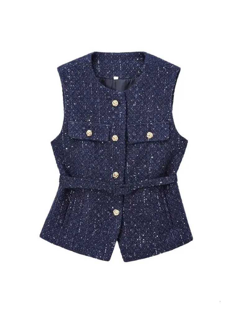 TRZAWomens Tweed Waistcoat with Belt O Neck Sleeveless Front Button Female Outerwear Chic Tops Fashion Z250918