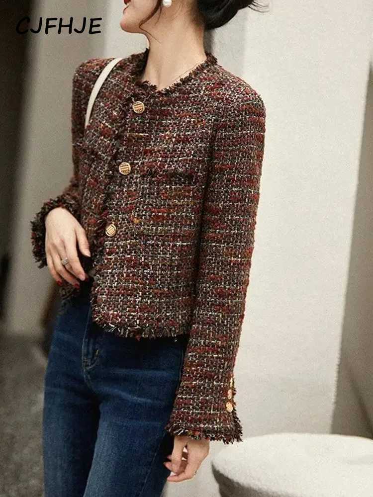 CJFHJE Oneck Tweed Fragrant Lady Coats Autumn Winter New Elegant Lady Outerwear Tops Tassel Single Breasted Women Woolen Jacket Z250918