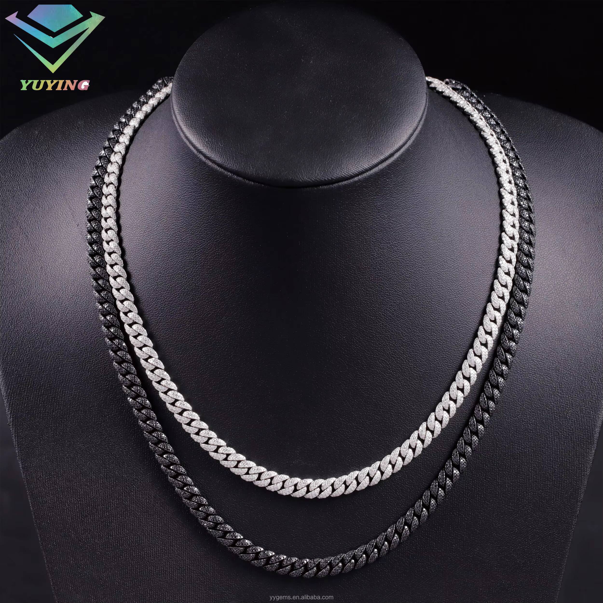 Mystic Black Gold Plated Black Moissanite Diamond Full Iced Out 6mm Wide 2Rows Cuban Link Chains for Men Fashion Silver Jewelry