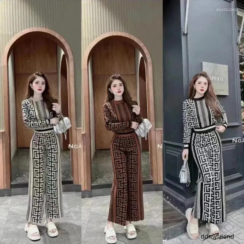 Women's Tracksuits 2025 Fashion Maze Pattern Printed Knitted Top Wide Leg Pants Women Casual Set Two Piece Comfortable Breathable ddmyfriend