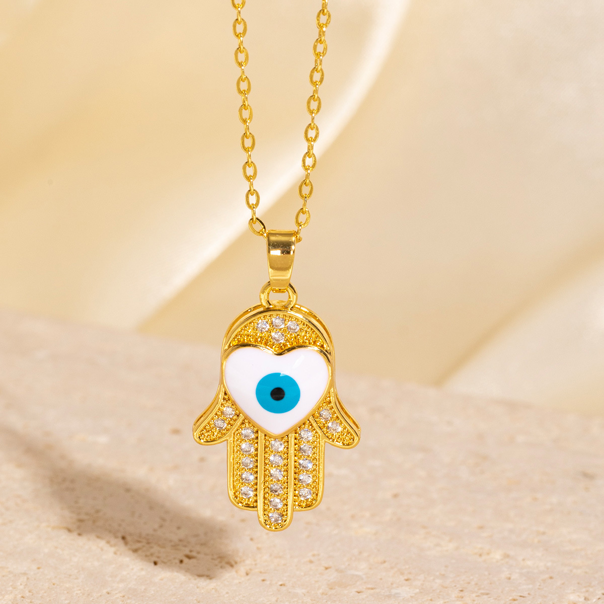 Gold - tone Hamsa Hand Pendant Necklace With Blue Eye And Glittering Rhinestones Cute Daily & Classy Jewelry Gift For Her High - Quality & Trendy Acce