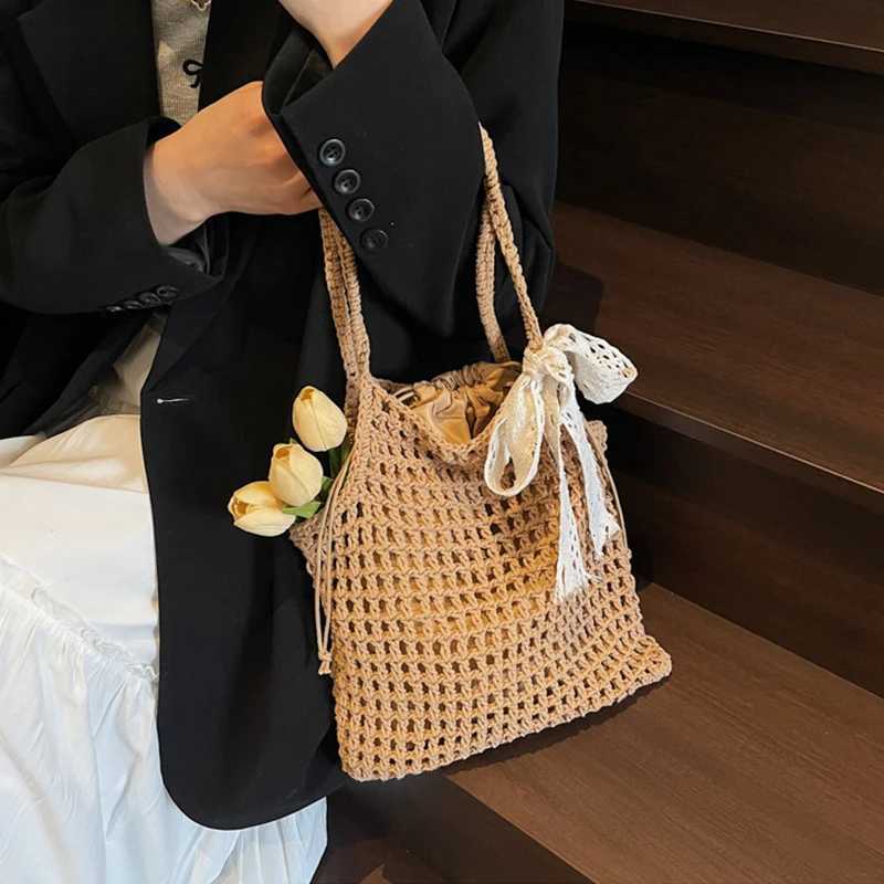 Crochet Lace Bow Tote Bag for Women Summer Beach Handbag Large Capacity Hollow Out Knitted Bags Bohemian Woven Shoulder Bag Z250915