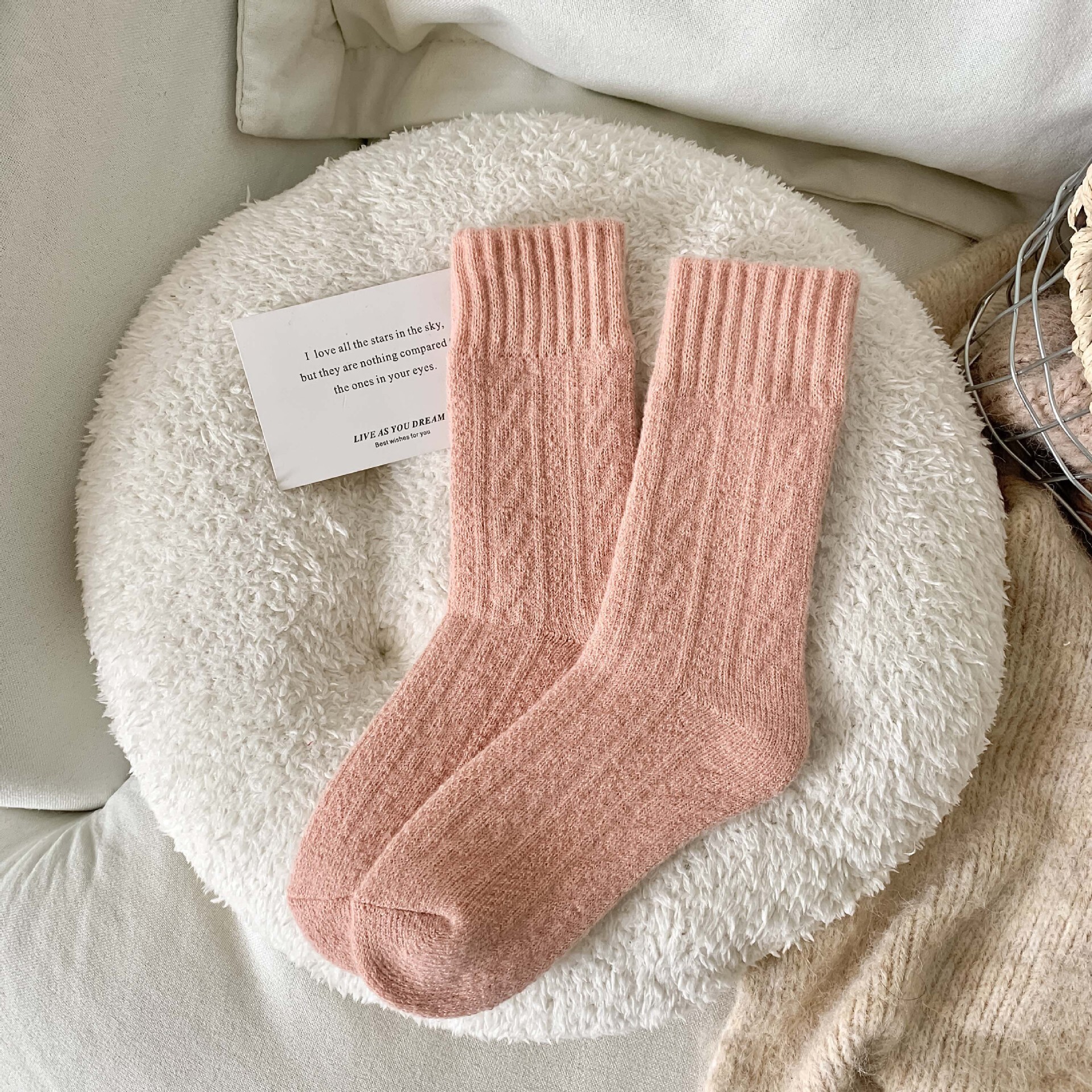 Wool for Women, Autumn and Winter Thickened Warm Terry Mid-Calf Socks, Pink Sweet Cute Girl Towel Socks