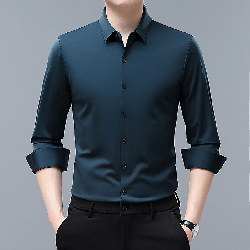 Men's Premium Silk Non-Iron Seamless Thermal Shirt Luxury Solid Color Long-Sleeve Business Shirt for Dads Autumn Dress Shirt