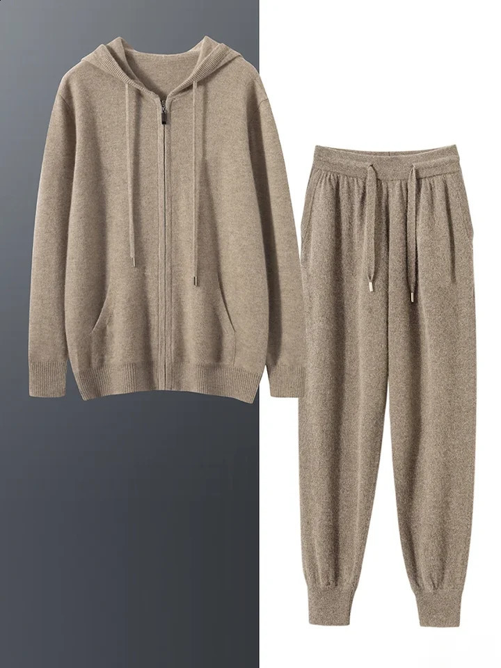 Mens 100 Pure Cashmere Hoodie TwoPiece Set HighEnd Fashion Business Leisure Sports Suit for Autumn And Winter 250916