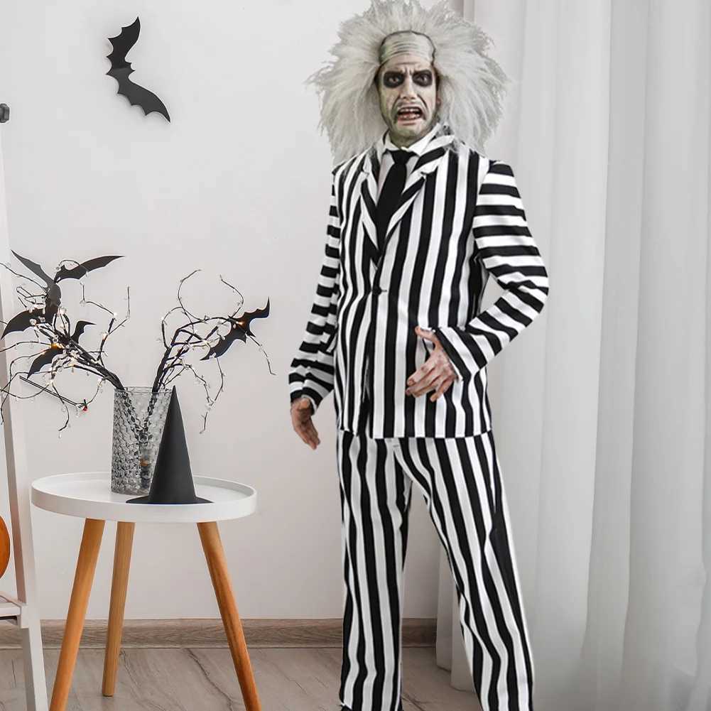 Beetle Juicee Men Black and White Striped Suit 2024 Scary Halloween Cosplay Costumes Wig Tie Shirt Classic Striped Two Piece Set L250918
