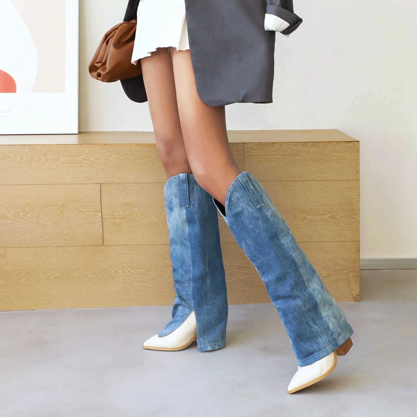 Denim Stitching Microfiber Womens KneeLength Boots Super High Wood Grain Thick Heel Pointed Toe Western Cowboy Style Long Boot W250919