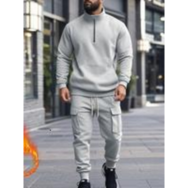 Men's Casual Fleece Lined Fitted Zipper Work Pants Set, Thick Fabric Warm Long Trousers for Fall & Winter, New Arrival Us Style