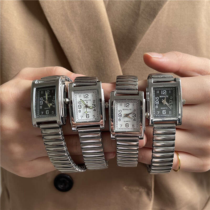 Silver Designer Bracelet for with Elastic Steel Spring Band Luminous Numbers Square Shape Student Metal Chain Watch