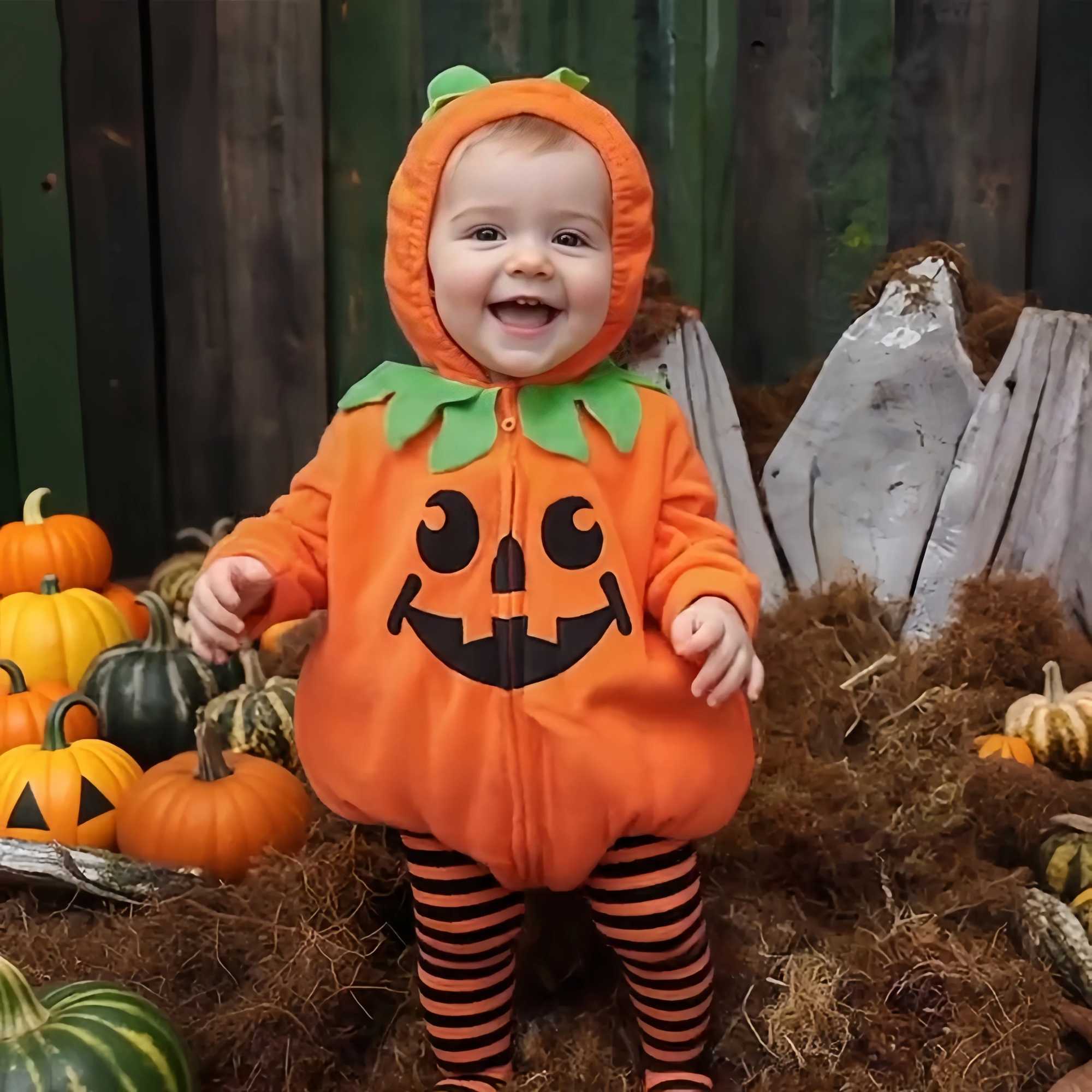 2025 Halloween Cosplay Costume Baby Girls Boys Pumpkin Hooded Romper Infant Fleece OnesieStriped Pants Sets Toddler Clothes L250918