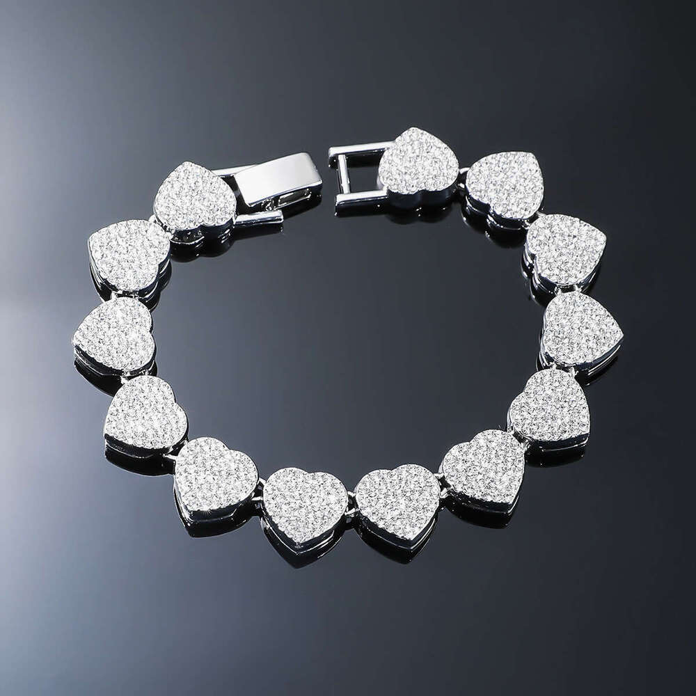 New Heart-Shaped Full Dia Cuban Necklace Hip-Hop Style Bracelet Trendy Men's Punk Jewelry