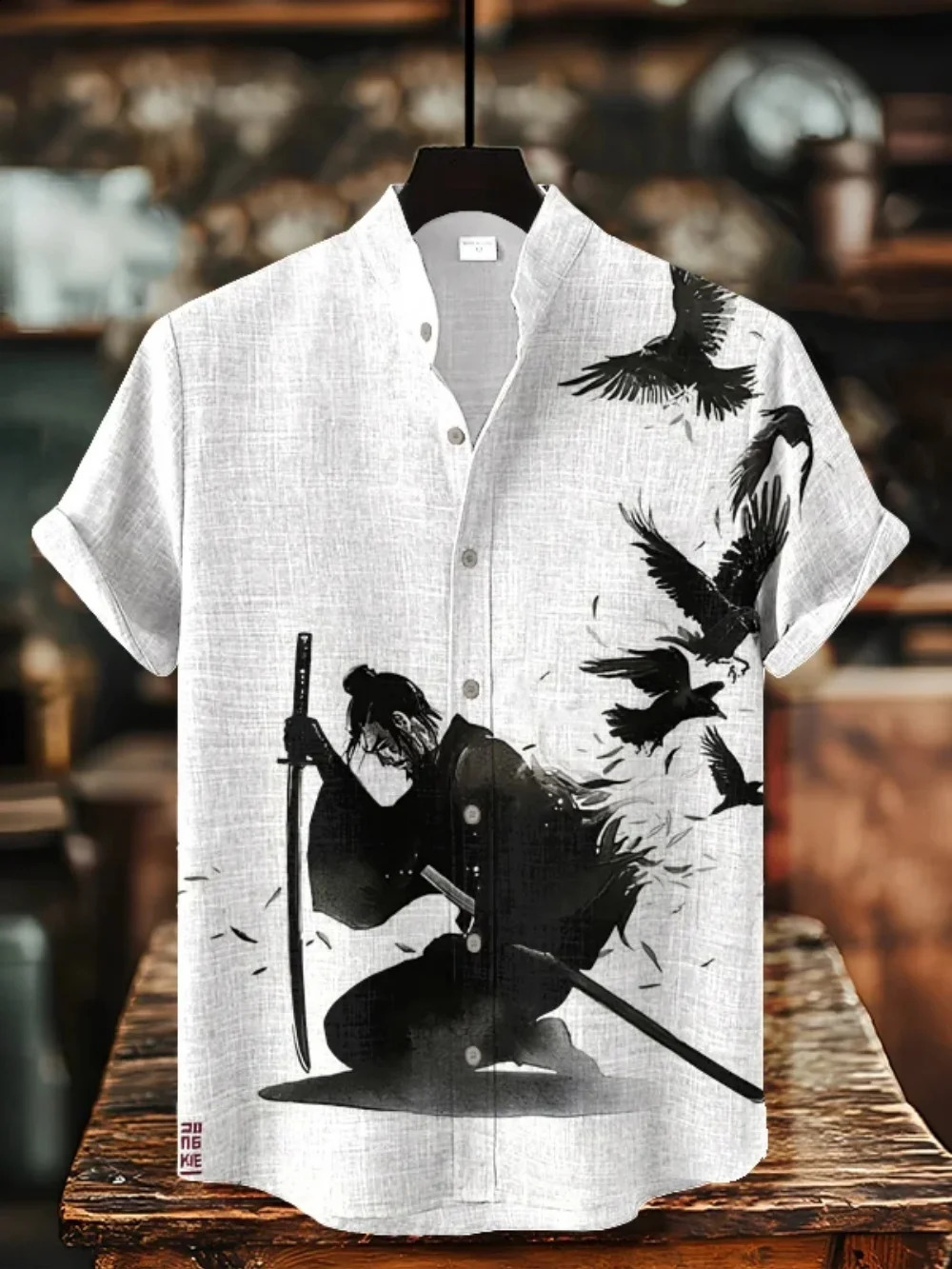 2025 mens standing collar shirt Japanese samurai printed cardigan button up retro linen short sleeved 250919