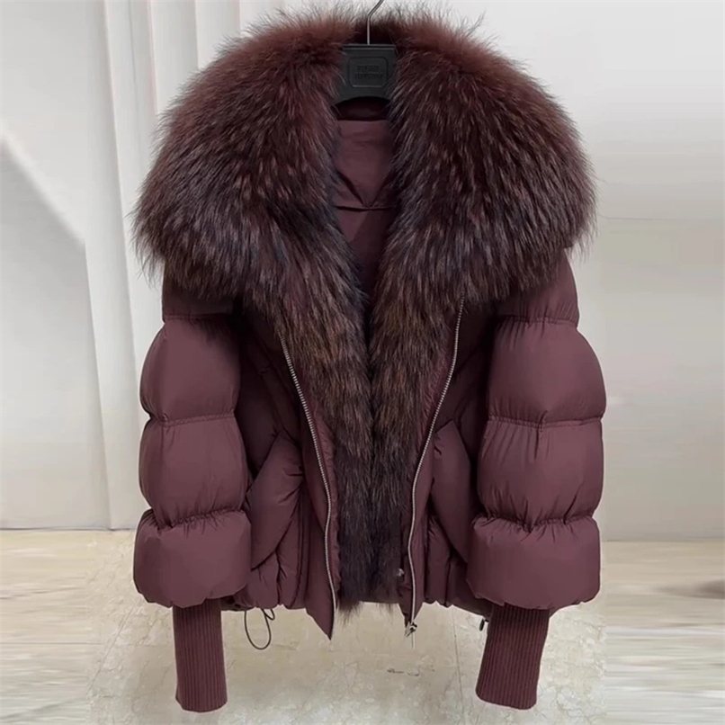 OFTBUY 2025 Winter Large Real Raccoon Fur Puffer Coat Women Oversized Feather Down Parka Knit Sleeve White Duck Down Jacket250918