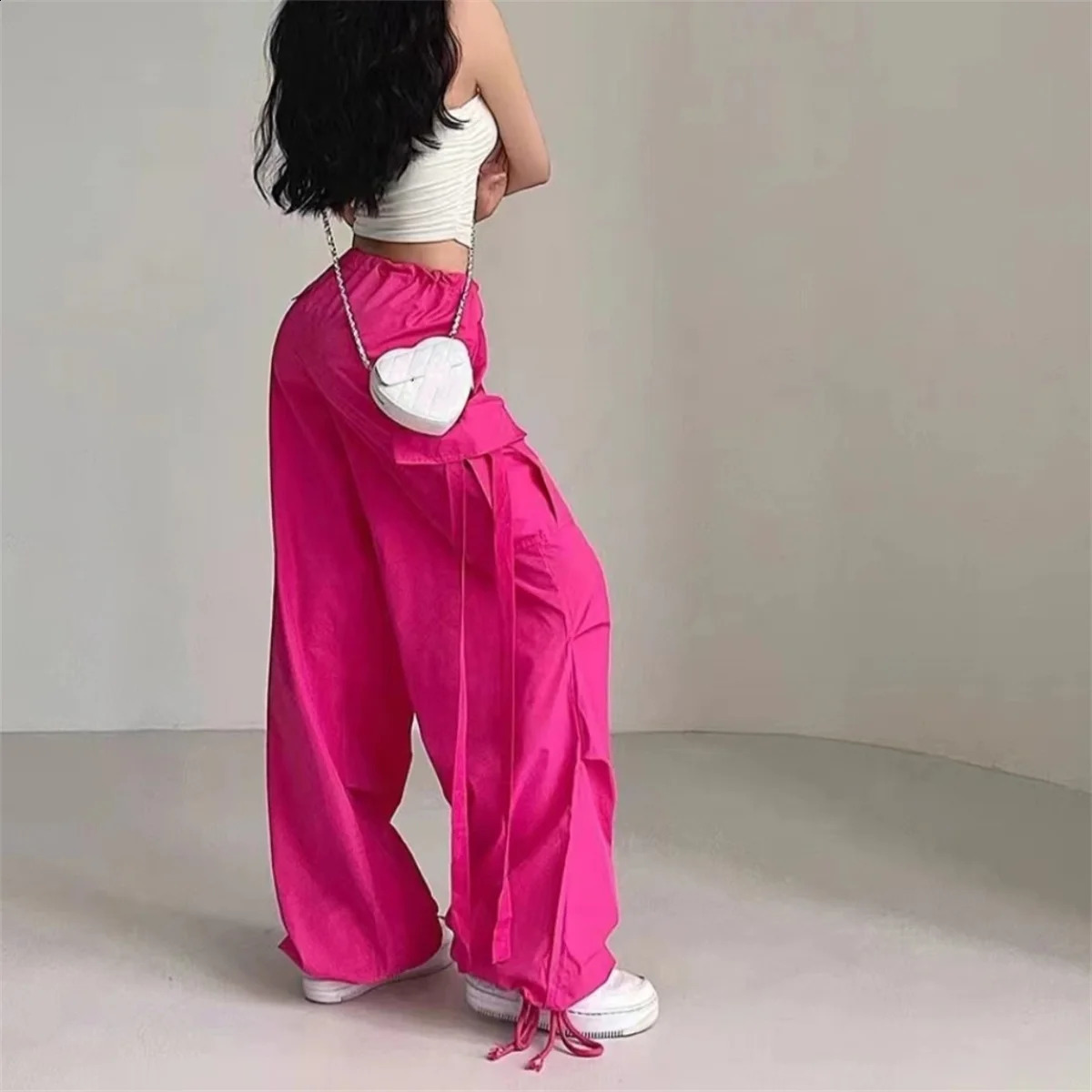 Red Cargo Pant Casual Joggers High Waist Loose Female Hip Hop Trousers Korean Punk Funny Pockets Femme 250917