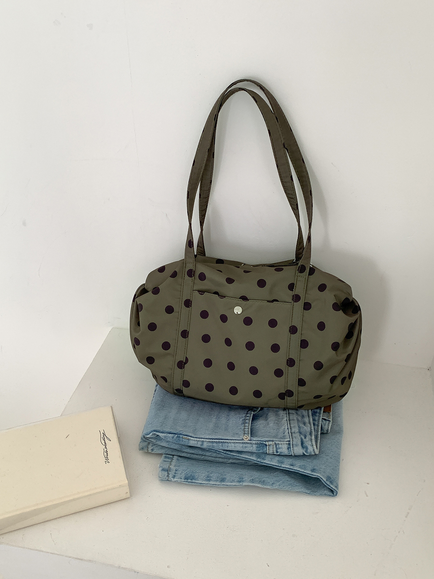Cute Style Black and White Polka Dot Bag Korean Version Large Capacity Shoulder Bag New Casual Versatile Nylon Handbag for Women