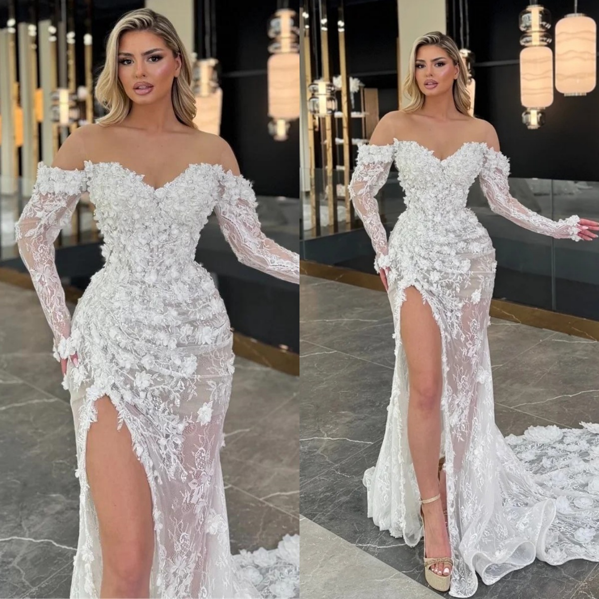 Elegant Appliques Wedding Dresses Lace Pearls Bridal Gowns 3D Flowers See Through Side Split Illusion Mermaid Customized Vestidos De Novia Plus Size