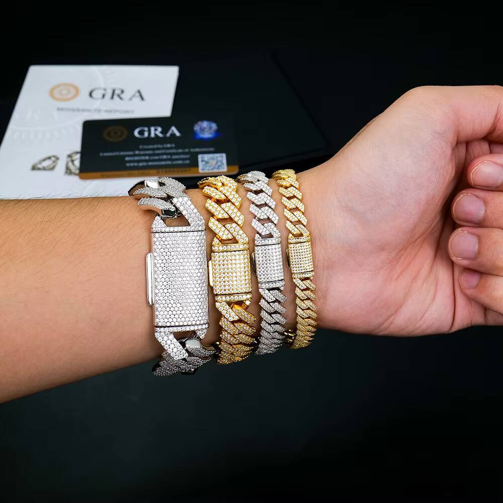 Miami 925 Silver 8mm 10mm 12mm 14mm 18mm 20mm Sharp Angled Style Cuban Link Chain Iced Out Mossanite Moissanite Bracelet for Men