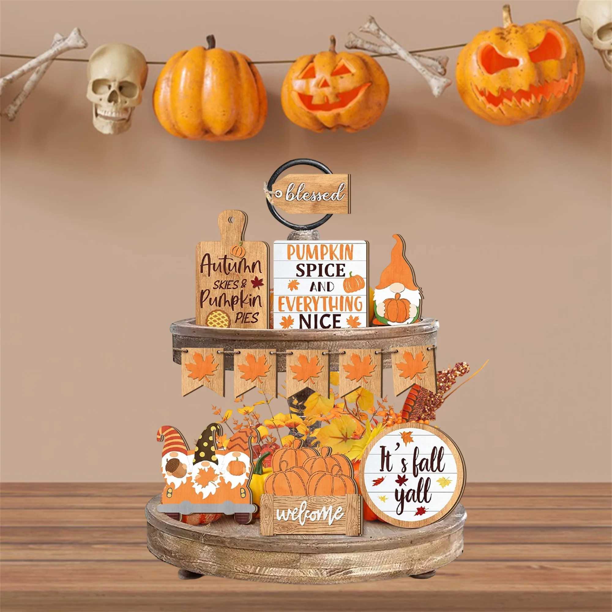 Fall Harvest Wooden Pumpkin Maple Leaf Table Centerpiece Decor Set of 10 Colorful Thanksgiving Tiered Tray Decorations for Home C250919