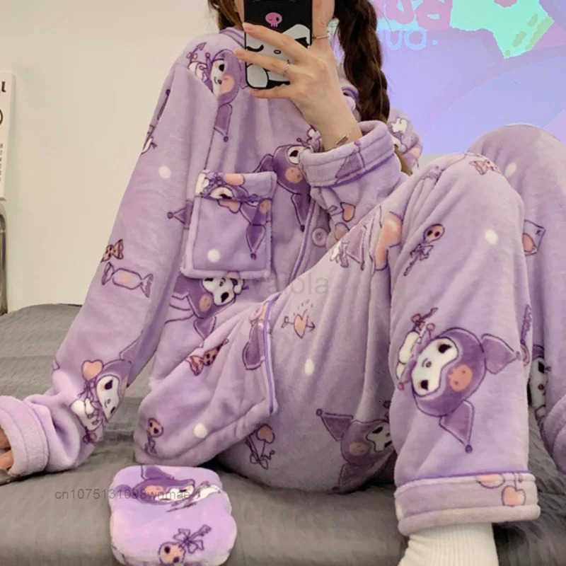 Sanrio Cinnamoroll Melody Kuromi Cotton 2 Pcs Pjs Women Autumn Winter New Pajamas Warm And Cute Cartoon Flannel Home Furry Set L250919