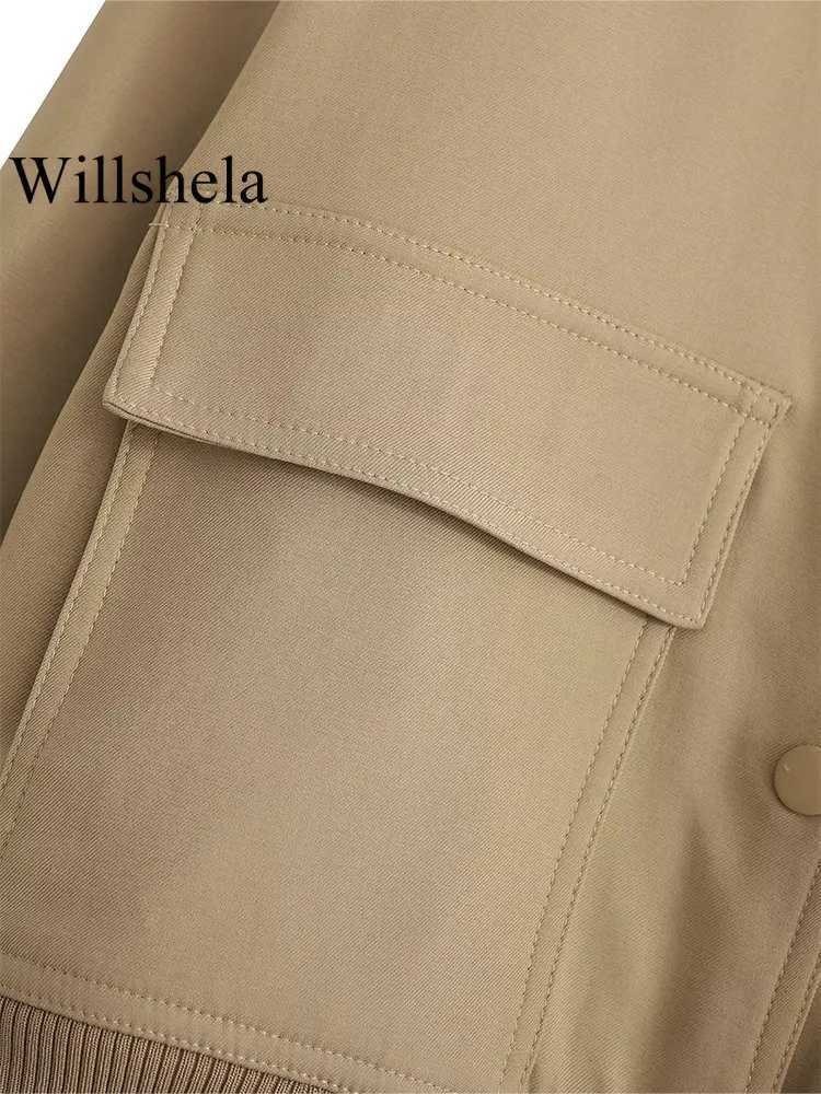 Willshela Women Fashion Solid Bomber Jackets Coat With Pockets VNeck Single Breasted Long Sleeves Female Chic Lady Outfits Z250918