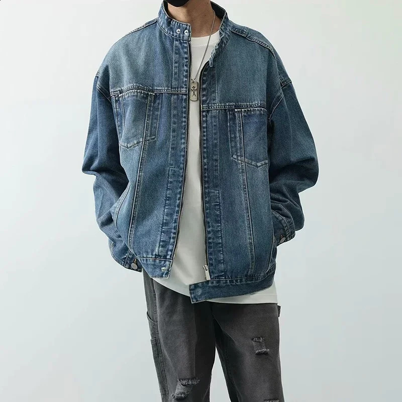 Retro Denim Jacket Autumn American High Street Washed Mens Stand Collar Cowboy Blue Jacket Fashion Jeans Outerwear Work Wear 250919