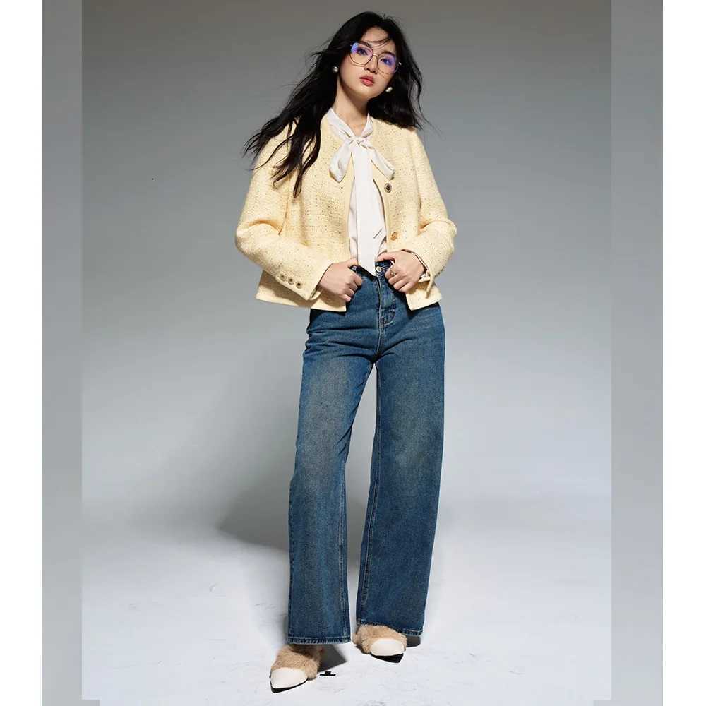 Spring Autumn Yellow Tweed Jacket Wool Beaded Womens Top Coat Z250918