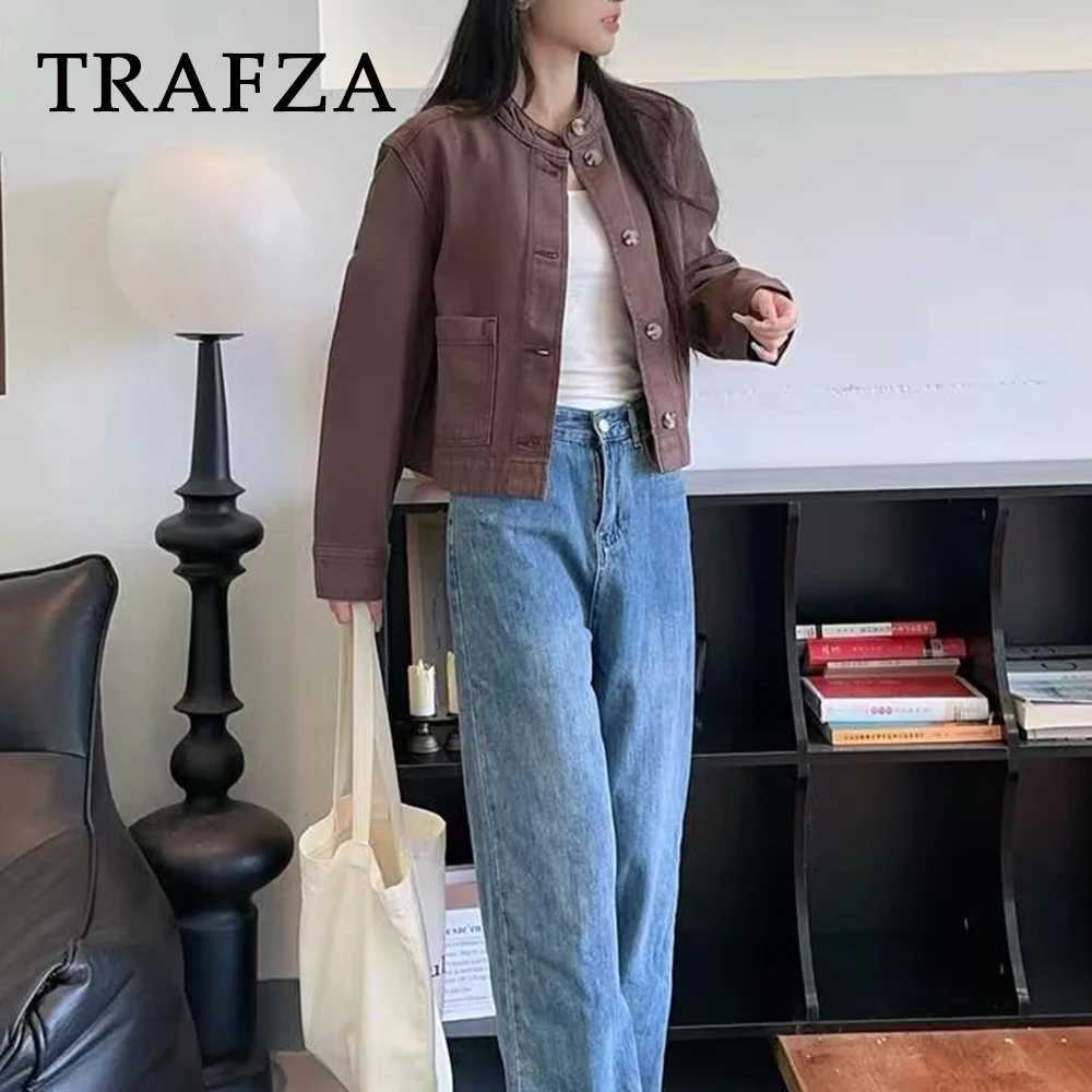 TRAFZA Chic Twill Weave Casual Club Women Outwears Single Breasted Fashion 2025 Autumn Streetwear Pockets Vintage Female Jackets Z250918