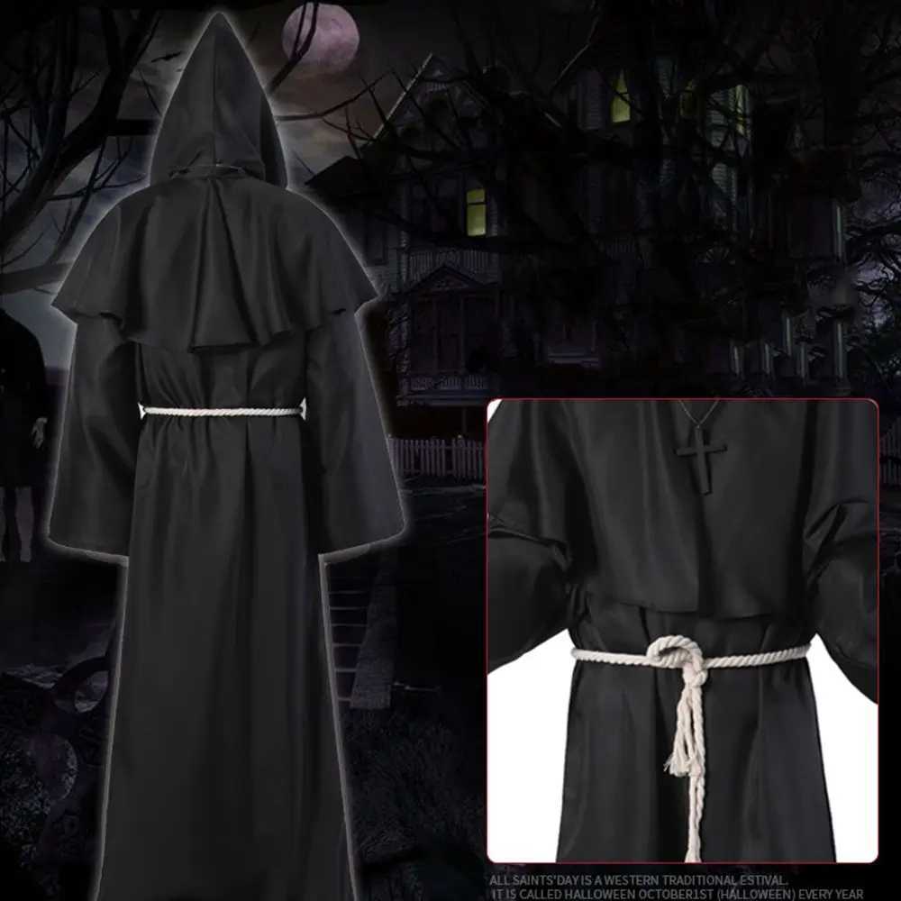 Costume With Necklace Christian Friar Death Ghost Cosplay Costumes Medieval Halloween Costume Priest Robes Witch Wizard Cloak L250918