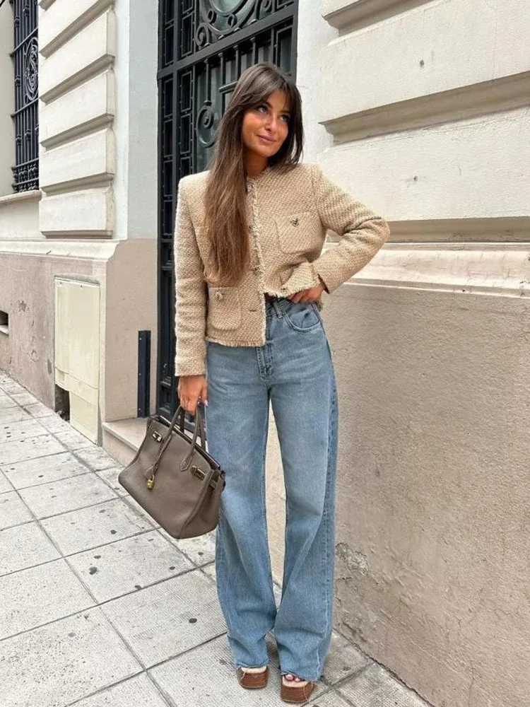 Women Elegant Tweed Cropped Jacket Autumn Button Frayed Long Sleeve Jackets 2024 Female Fashion Oneck Pocket Short Coats Z250918