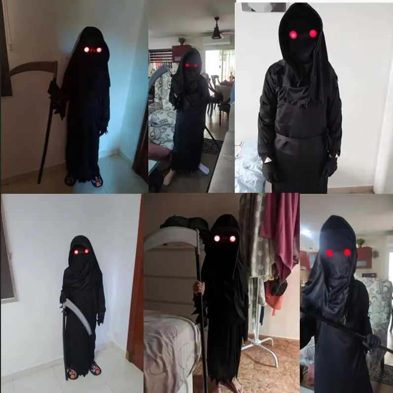 Halloween Cosplay Costume for Kids Scary Grim Reaper Skeleton Costume with Glowing Red Eyes Spooky Cos Robe Sickle Chain Props L250918