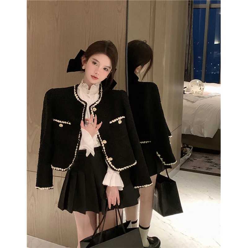MEXZT Vintage Tweed Jackets Women Elegant Black Cropped Suit Coat Korean Thicken Blazer Single Breasted Short Outerwear Tops New Z250918