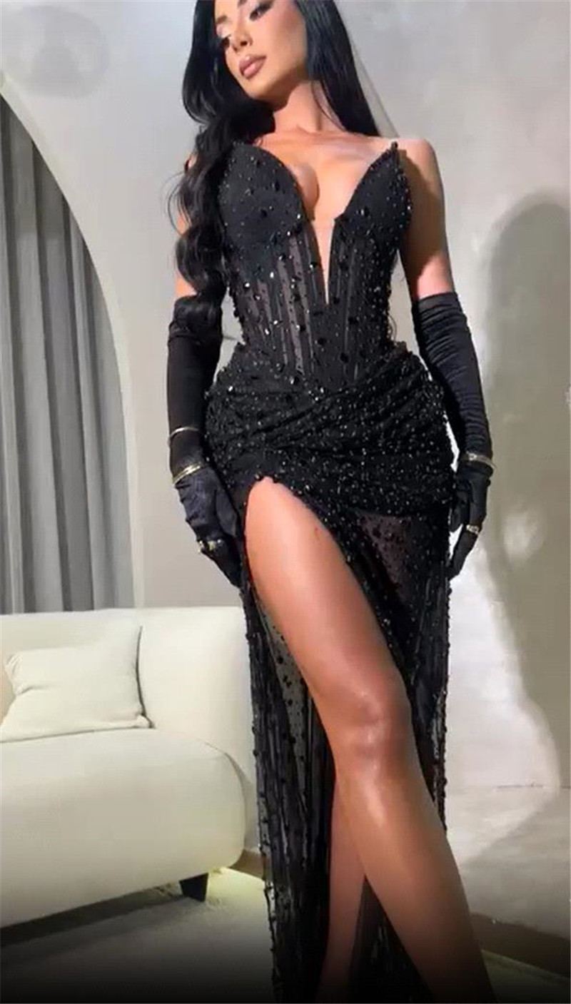 Sexy Black Split Evening Dresses Sweetheart Plunging V Neck Beadings Sequins Women Formal Party Occasion Robes Prom Gowns BC20747