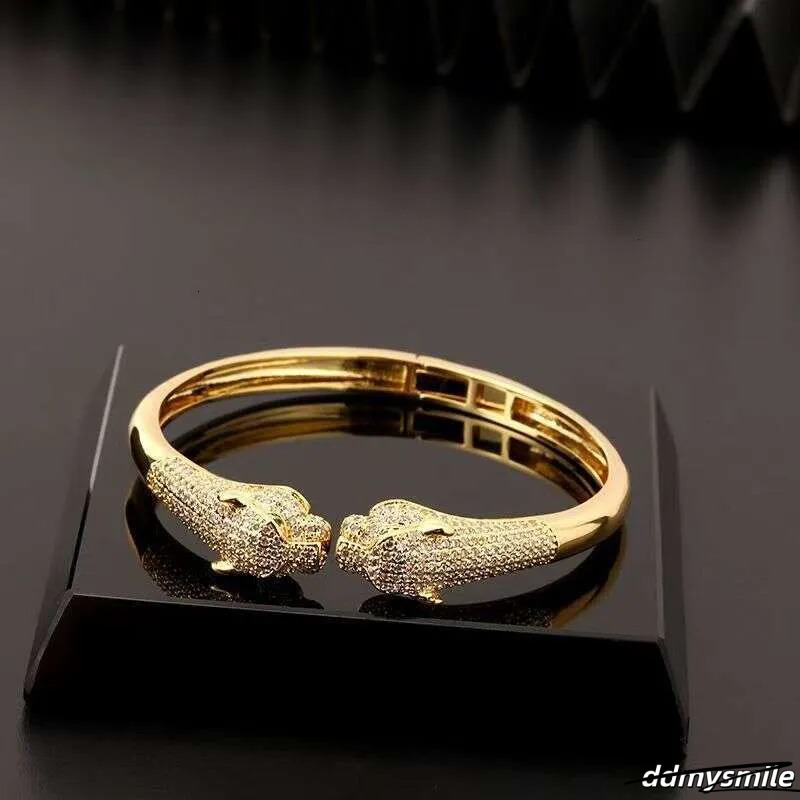 Leopard Print Open Cuff Bracelet - Gold Plated Hip Hop Bangle With Zircon Stones | Animal Jewelry For Women & Men ddmysmile