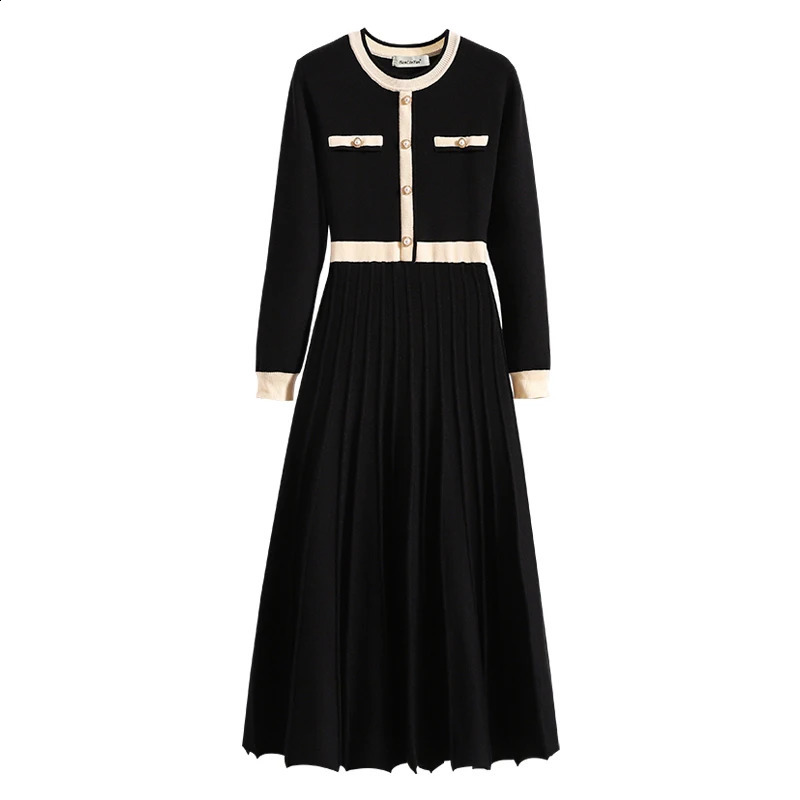 2026 Autumn Winter Women Oneck Long Sleeve Knitted Pleated Aline Dress Christmas Party Red Sweater Long Dresses 250919