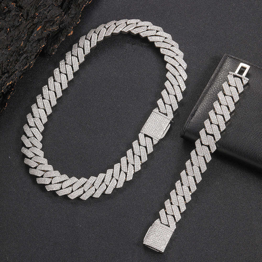 Trendy Men's Bracelet 20mm Flip Clasp Three Rows Zircon Dia Cuban Chain Thick Hip Hop Necklace