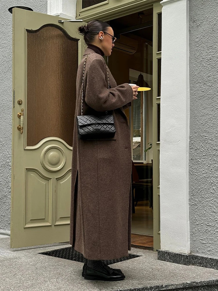 Elegant Womens Brown Wool Blend Overcoats Chic Shoulder Pads Singlebreasted Long Sleeve Coats Autumn Outerwears 250917