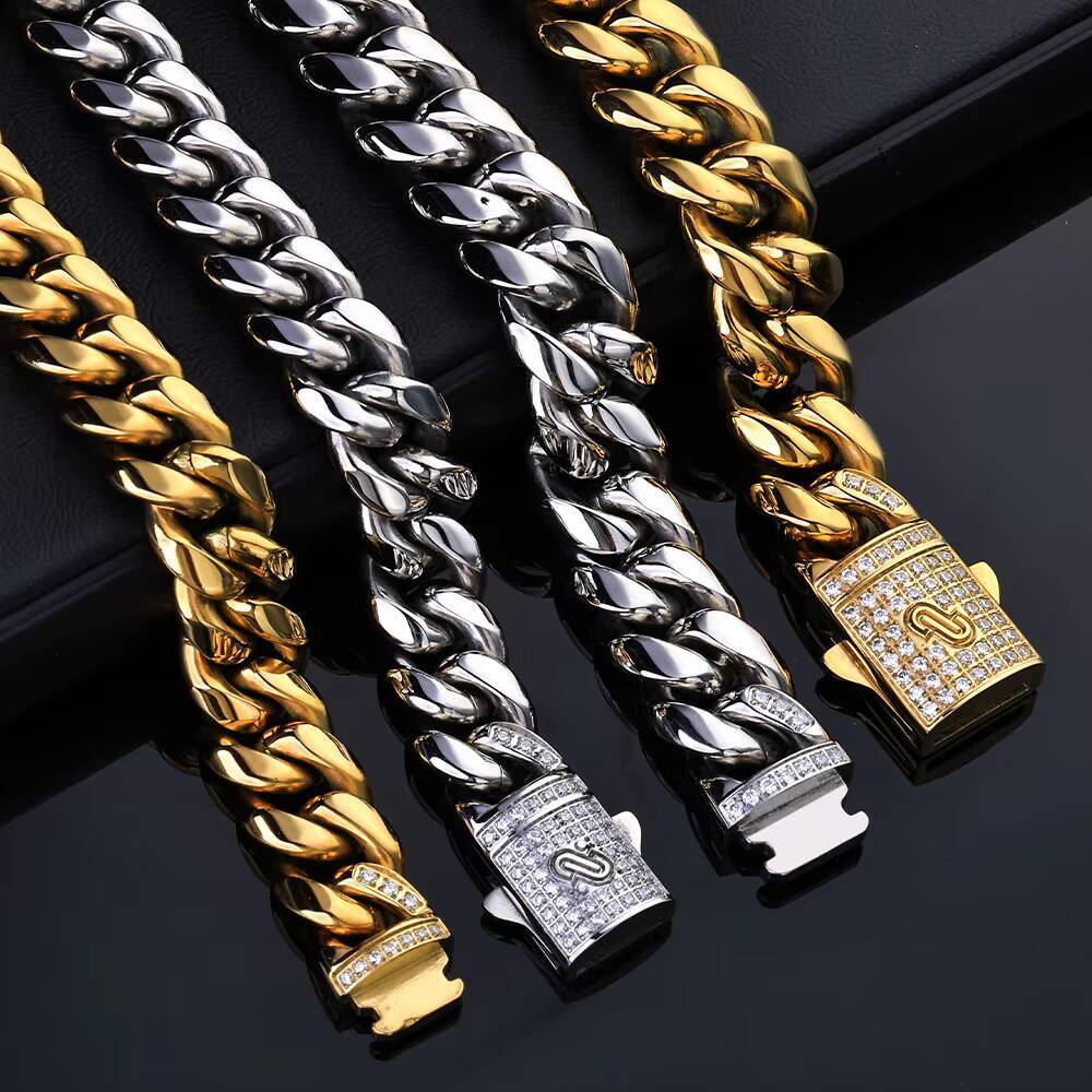 NUOYA Custom Hip Hop Stainless Steel Cuban Chain Iced Out Moissanite Clasp 18K Gold Plated Cuban Link Chain Necklace Fine Jewelry