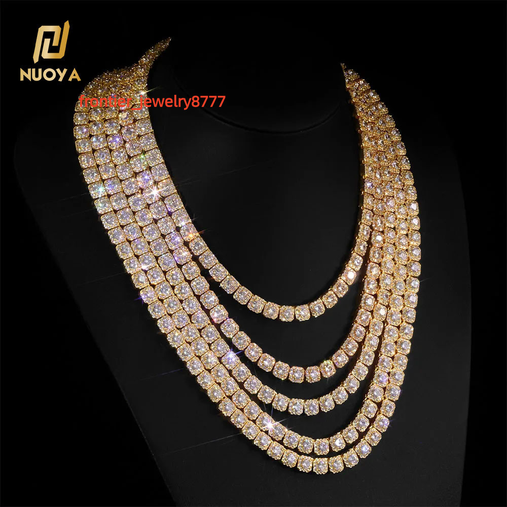 NUOYA Iced Out Cluster Tennis Chain Necklace 7mm Gold Plated Shiny Diamond Cut Moissanite Thin Fine Hip Hop Jewelry