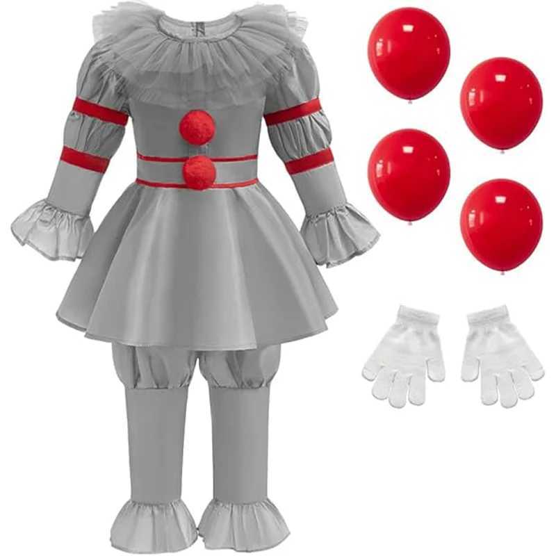 Kids Scary Joker Pennywise Cosplay Costume Horror Ghost Movie It Puff Sleeve Tulle Collar Top With Pants For Halloween Carnival L250918
