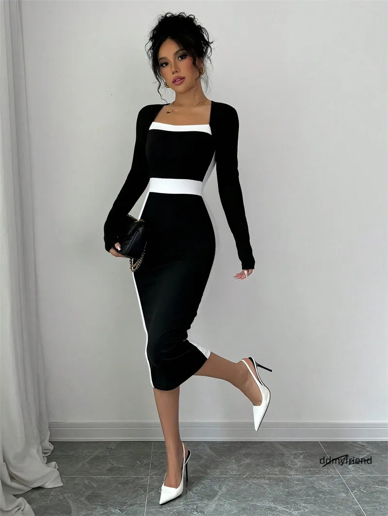 Hot Free Shipping Designer Fashion Classic Versatile Light Womens Clothing Splicing Color Collision Medium Skirt Long Sleeved Dress ddmyfriend