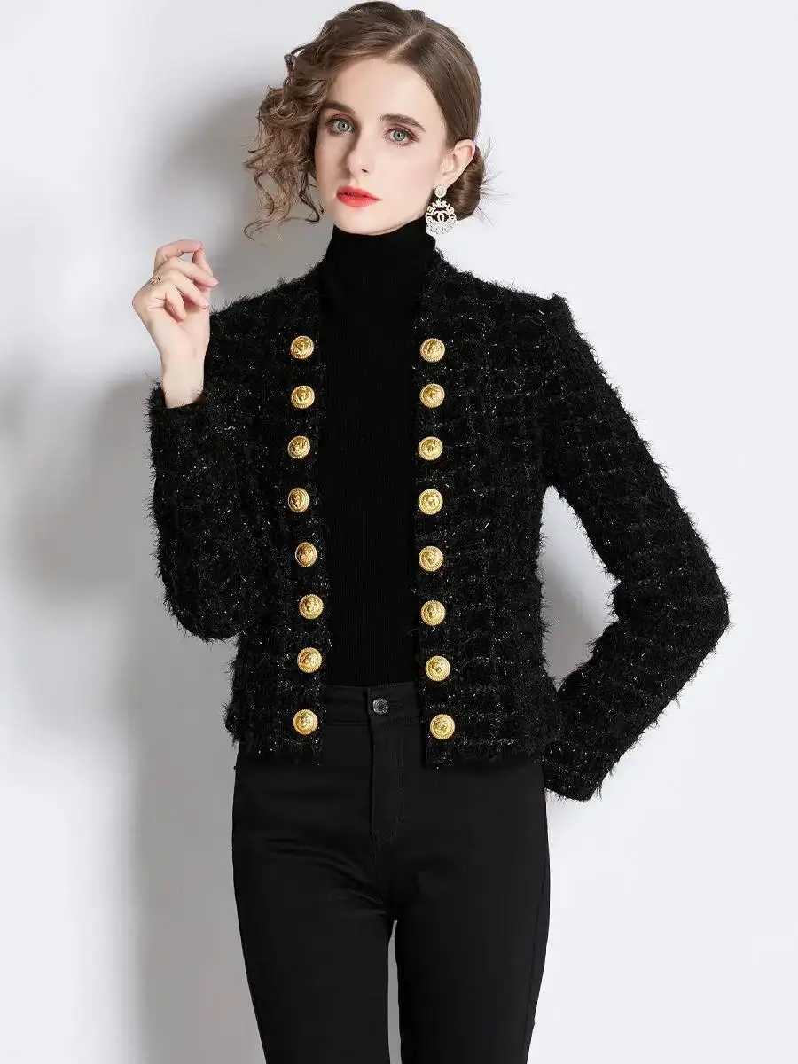 Women Black Tweed Short Cardigan Slim Outwear Jacket Top Autumn Winter New Metal Double Breasted Tassel Bright Silk Wool Coat Z250918