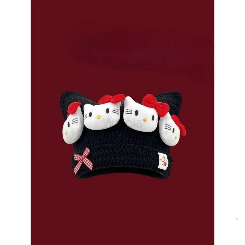 Sanrio Winter Kawaii Hello Kitty Students Cute Cartoon Thermal Knitted Hats Children Outdoor Protector Hat Woolen Cap for Kids L250919